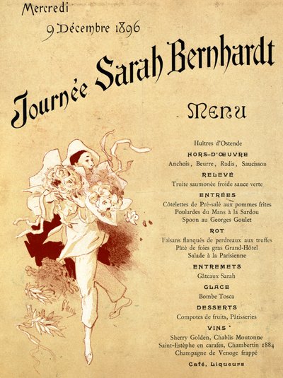 Mercredi 9 décembre 1896, Journée Sarah Bernhardt, Carte de Menu, 1896 - Jules Cheret